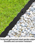 Close-up of heavy-duty galvanized steel landscape edging kit 20 foot with scalloped design for flower beds and garden borders