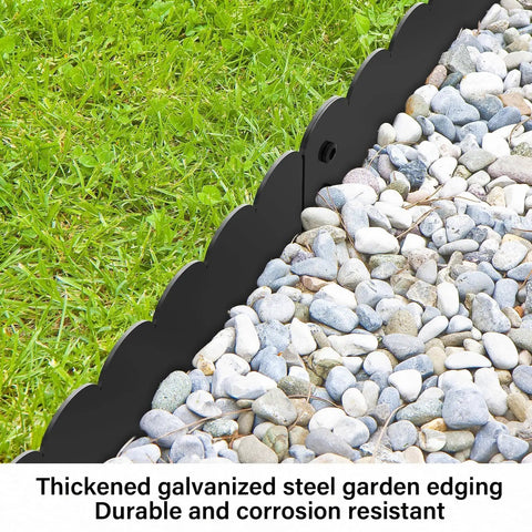 Close-up of heavy-duty galvanized steel landscape edging kit 20 foot with scalloped design for flower beds and garden borders