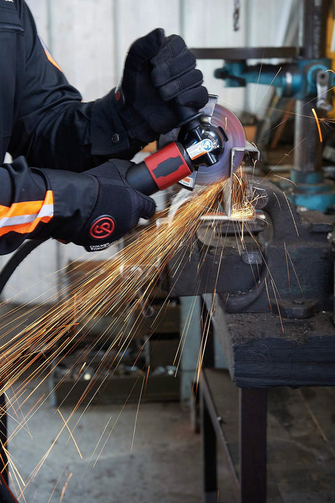Straight From The Shop Floor Heavy Duty 4.5 Inch Air Angle Grinder in action with sparks flying during metal work.