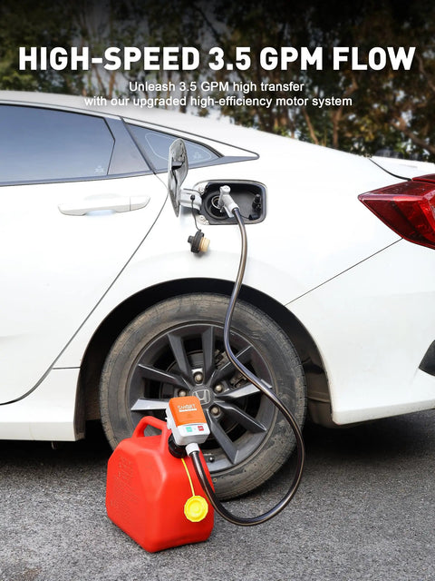 No Strings Attached Cordless Fuel Transfer Pump With Auto Stop For Gas Cans And Oil Jugs 3.5 GPM High Flow in action refueling a car.