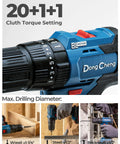 Heavy Hitter 20V Brushless Impact Drill Generating 443 In Lbs Torque And 27000 Ipms 1 2 Inch Keyless Metal Chuck 20 Plus Settings 2 Batteries Included Built Smooth To Crush Brick Or Wood showing 20+1 clutches and drilling settings.