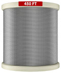 450 ft spool of 1/8 Inch Stainless Steel Cable T316 for deck railing with 7x7 wire rope construction and rust resistance.