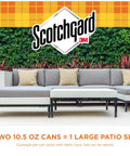 Large patio set with beige and gray cushions behind Scotchgard logo, highlights Outdoor Water Repellent Spray For Gear And Patio Furniture Sun Shield UV Protection Odorless Dries Clear 10.5 Oz Ideal For Cushions Tents Bags And Patio Umbrellas In Spring And Summer.