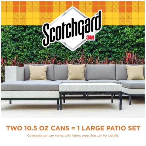 Large patio set with beige and gray cushions behind Scotchgard logo, highlights Outdoor Water Repellent Spray For Gear And Patio Furniture Sun Shield UV Protection Odorless Dries Clear 10.5 Oz Ideal For Cushions Tents Bags And Patio Umbrellas In Spring And Summer.