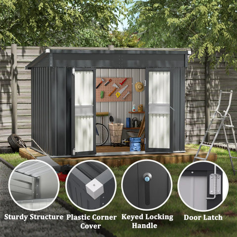 6x10 Ft Outdoor Storage Shed Galvanized Metal With Lockable Door And Vents displayed in a garden with open doors, showing interior organization.