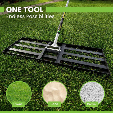 Heavy Duty Lawn Leveling Rake 30 Inch By 10 Inch in use on grass, showing steel construction for soil, sand, and gravel leveling