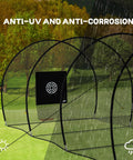 40 Foot Batting Cage For Baseball And Softball With Sock Pocket Freestanding Frame Heavy Duty Net in a rainy garden