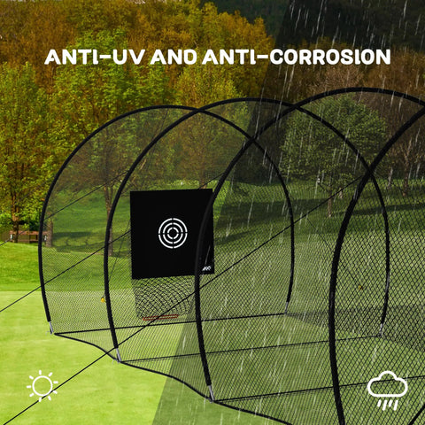 40 Foot Batting Cage For Baseball And Softball With Sock Pocket Freestanding Frame Heavy Duty Net in a rainy garden