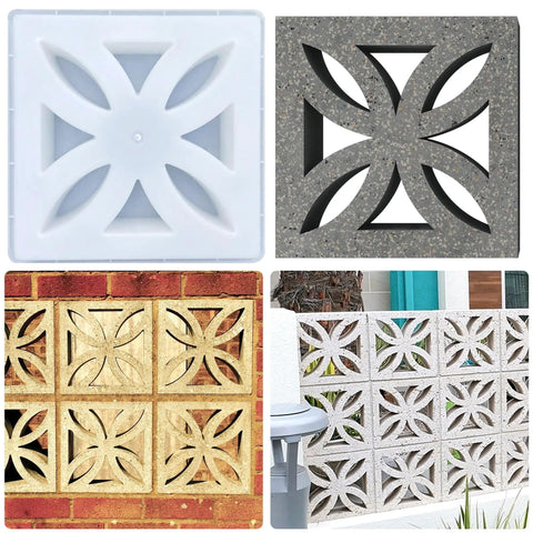 DIY Concrete Wall Block Mold for Decorative Bricks, shown in white ABS and concrete block examples in different installations.