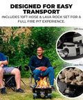 Two people enjoying Go-To Portable Propane Fire Pit 19-Inch Smokeless Gas Firebowl; includes 10ft hose and lava rock set.
