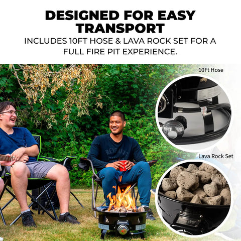 Two people enjoying Go-To Portable Propane Fire Pit 19-Inch Smokeless Gas Firebowl; includes 10ft hose and lava rock set.