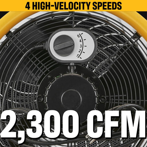 Industrial Grade 14 Inch High Velocity Drum Fan with Four Speed Settings, 360 Degree Adjustable Drum Head, delivers 2300 CFM air flow