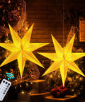 Two Pack 24 Inch Paper Star Lanterns With 50 LED Fairy String Lights Eight Modes Seven Pointed Hollow Star Hanging Decor