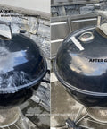 Fireblack hi-temp smoker gasket, black, 15 ft self-stick; two-panel front view of a kettle grill with before/after labels.