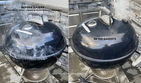 FireBlack 125 black Nomex self-stick gasket for Big Green Egg; side-by-side before and after gasket installation on lid.