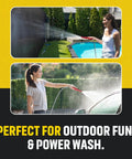 Two women using Heavy Duty Stainless Steel Garden Hose With Nozzle, Kink Free And Rust Resistant, in garden and car wash.