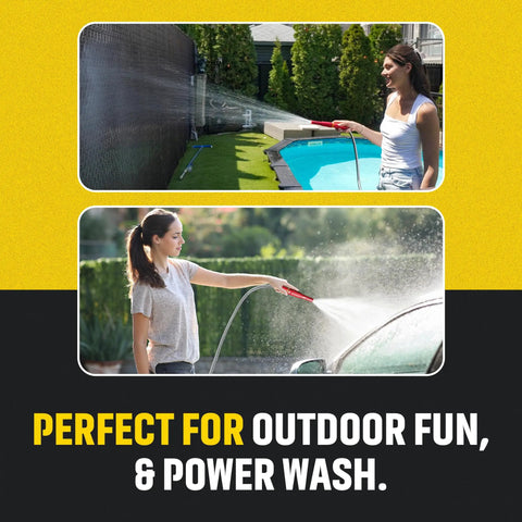 Two women using Heavy Duty Stainless Steel Garden Hose With Nozzle, Kink Free And Rust Resistant, in garden and car wash.