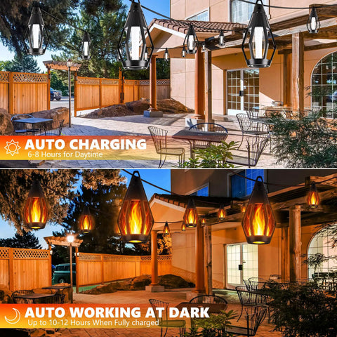 Day and night view of Solar Powered Flickering Flame String Lights For Outdoor Decor 50.7Ft Total Length 15 Warm White LED Bulbs