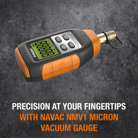 Micron Vacuum Gauge For HVAC With Digital Readout And Level Alarm NMV1 Leakage Warnings Large Backlit Display Pirani Sensor Pro Grade Vacuum Tool For Reliable Leak Detection And HVAC Pros. handheld NMV1 gauge with brass fitting