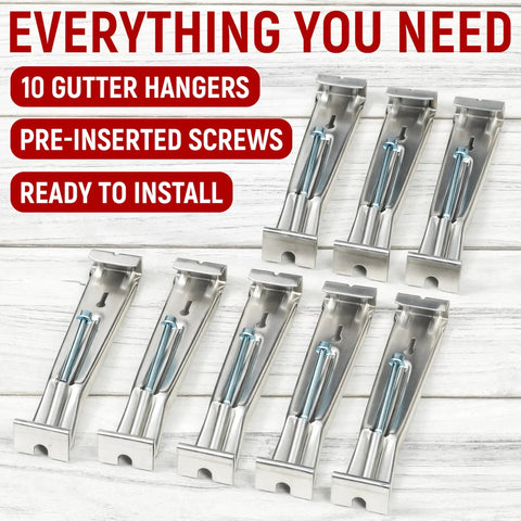 5 Inch Aluminum Gutter Hangers With Screws Easy Install K Style Hidden Gutter Hangers For Sagging Gutters Heavy Duty No Hassle Weatherproof Support Brackets 10 Pack displayed with screws included.