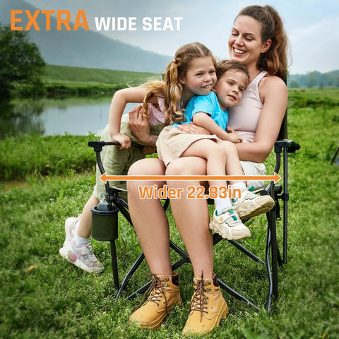 Family seated on Big And Tall 400 Pound Heavy Duty Folding Camp Chair With Solid Metal Armrests And Swivel Cup Holder, wide 22 inch seat