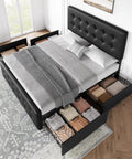 Absolute Game Changer Queen Size Platform Bed Frame With Durable Faux Leather Headboard And Four Smooth Roll Out Storage Drawers For Effortless Room Makeovers In Matte Black, showcasing storage drawers filled with clothing.