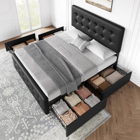 Absolute Game Changer Queen Size Platform Bed Frame With Durable Faux Leather Headboard And Four Smooth Roll Out Storage Drawers For Effortless Room Makeovers In Matte Black, showcasing storage drawers filled with clothing.