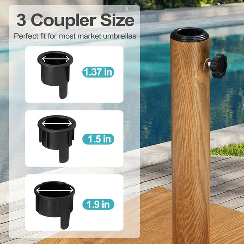 Close-up of adjustable pole sizes for Beefy 43 Lb Concrete Patio Umbrella Base Teak Brown Square Outdoor Stand.