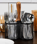 Utensil Holder And Silverware Organizer Caddy For Kitchen With Three Compartments, Portable Wooden Handle, Open Mesh Metal Design