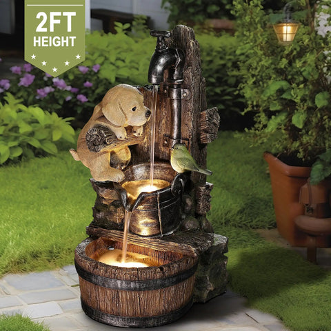 Totally Cute Puppy Dog Outdoor Water Fountain With LED Lights Resin Farmhouse Style Waterfall Fountain 25 Inch Tall in garden