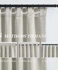 100 Percent Blackout Linen Curtains in Greyish Beige, 50x126 Inches, showing 4 hanging methods: rod pocket, back tab, and clip rings.