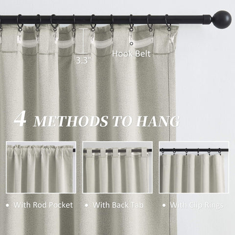 100 Percent Blackout Linen Curtains in Greyish Beige, 50x126 Inches, showing 4 hanging methods: rod pocket, back tab, and clip rings.