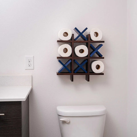 Tic Tac Toe Toilet Paper Holder Dope Wall Mounted Storage for Bathroom Decor over toilet with rolls and blue X's