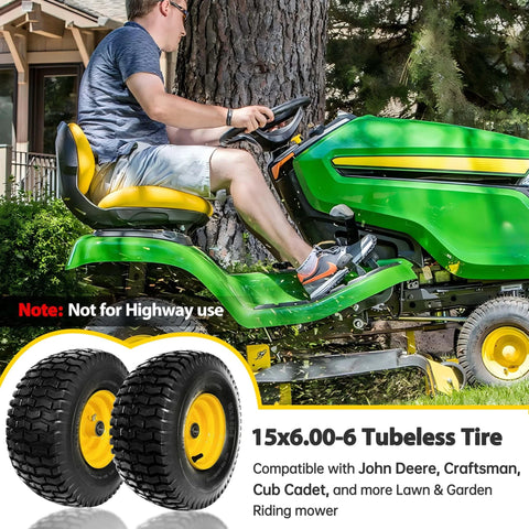 Two Pack 15x6.00-6 Lawn Mower Tire And Wheel Set For Front Replacement On Most 100 And 300 Series Riding Mowers With 3/4 Inch And 5/8 Inch Bearings, 3 Inch Offset Hub Adjustable Up To 4.4 Inches, 4 Ply Tubeless, 570 Lb Load Capacity shown installed on mower