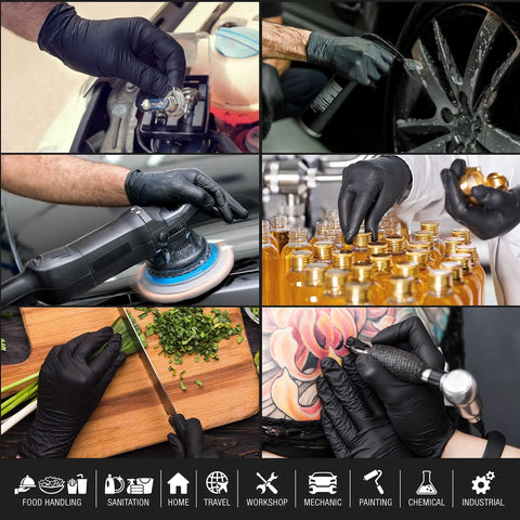 Collage of tasks using Heavy Duty Black Nitrile Disposable Gloves 6 Mil Extra Thick, including auto, food, and tattoo work