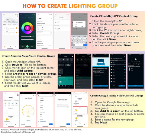 Instructions for setting up 12 Inch LED Smart Flush Mount Ceiling Light With 20W Tunable White 2700K To 6500K RGB Color 16 Million Lit Ambience Voice And App Control With Alexa And Google Home Nickel Satin Finish Easy Ceiling Mount For Living Room Bedroom Or Office using CloudyBay, Alexa, and Google Home apps.