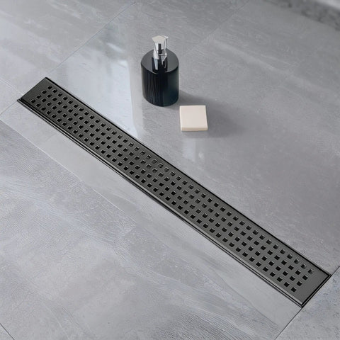 24 Inch Linear Shower Drain With Removable Square Pattern Grate Matte Black Stainless Steel Includes Hair Strainer visible in shower