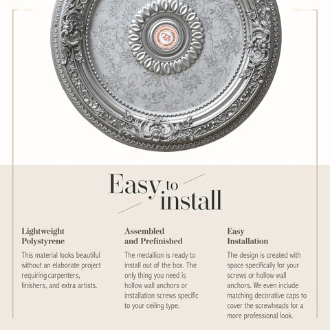 24 Inch Antique Silver Round Decorative Ceiling Medallion Ships Assembled and Prefinished with Hand Antiquing to Bring Out Rich Details