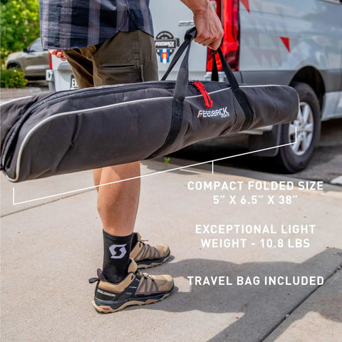 Ultralight Pro Bike Repair Stand packed in a black travel bag, showcasing portable design for easy transport and storage.