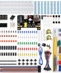 Electronic Component Fun Kit For Makers With Supply Module 830 Tie Point Breadboard Jump Wires Potentiometer LEDs Resistors Transistors Diodes ICs 400 Plus Parts Compatible With Arduino Raspberry Pi STM32, displayed components