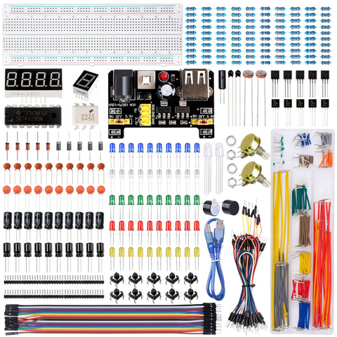 Electronic Component Fun Kit For Makers With Supply Module 830 Tie Point Breadboard Jump Wires Potentiometer LEDs Resistors Transistors Diodes ICs 400 Plus Parts Compatible With Arduino Raspberry Pi STM32, displayed components