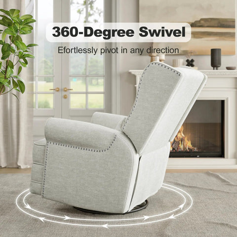 Swivel Recliner Chair With Extra Large Footrest, Plush Upholstered Glider Rocker For Living Room, Bedroom, And Office, Off White, Cozy And Comfy with highlighted 360 degree swivel