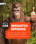 Sasquatch holding thumbs-up with 'Made in USA' badge, promoting long lasting insect repellent for outdoor clothes and gear.