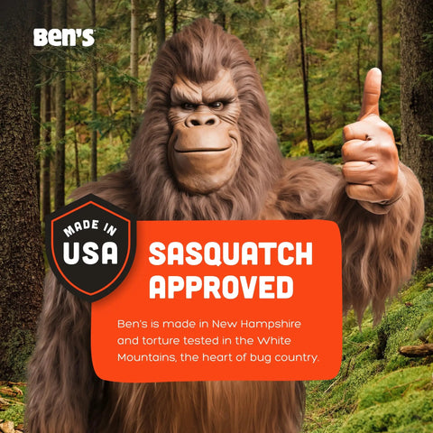 Sasquatch holding thumbs-up with 'Made in USA' badge, promoting long lasting insect repellent for outdoor clothes and gear.