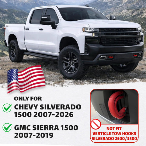 Red Front Tow Hook Covers For Chevy Silverado 1500 And GMC Sierra 1500 Street Ready Tow Hook Cap Set Durable Replacement Front Mount Not For Vertical Easy Install Satin Finish Fits 2007 Through 2026 Models on white truck background