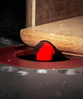 Close-up of router bit cutting wood, part of Six Piece Starter Router Bit Set With One Half Inch Shank In Shadow Box Case, Pro Grade Bits.