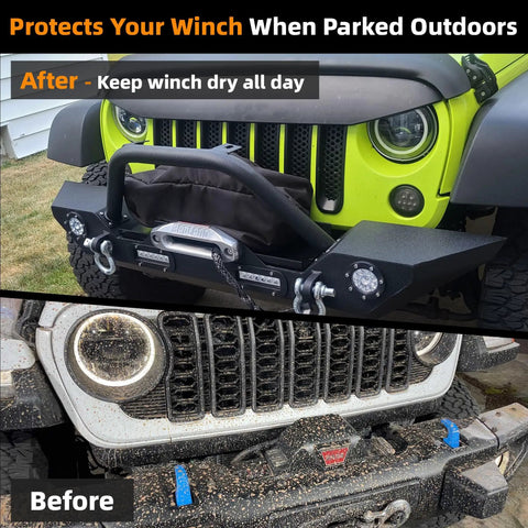 Savage MUAKIOY Winch Cover Heavy Duty Waterproof Protection For 12K Off Road Electric Winches on a truck winch setup.