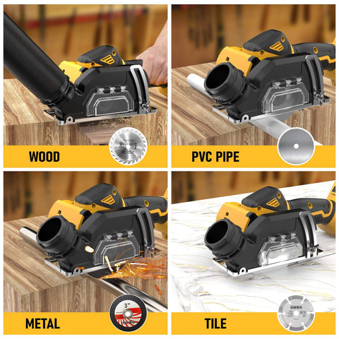 Mini Cordless Circular Saw With Brushless Motor, 3 Inch Blades, cutting wood, PVC, metal, and tile in various views.