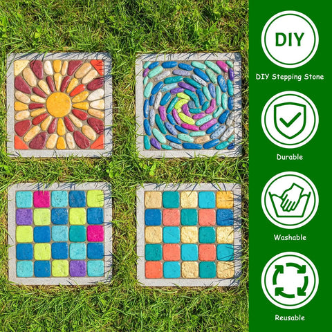 Four colorful concrete stepping stones with mosaic designs on grass. Three Size Square Stepping Stone Molds Set For Concrete DIY Friendly.