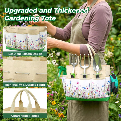 Heavy Duty Gardening Tools 10 Piece Set With Durable Stainless Steel Hand Tools in a floral tote with rust proof tools displayed